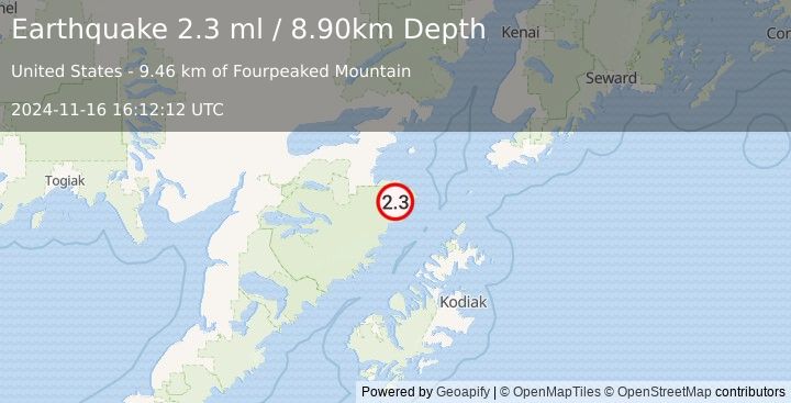 Earthquake 88 km SE of Kokhanok, Alaska (2.3 ml) (2024-11-16 16:12:12 UTC)