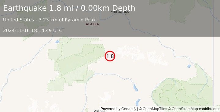 Earthquake 27 km E of Cantwell, Alaska (1.8 ml) (2024-11-16 18:14:49 UTC)