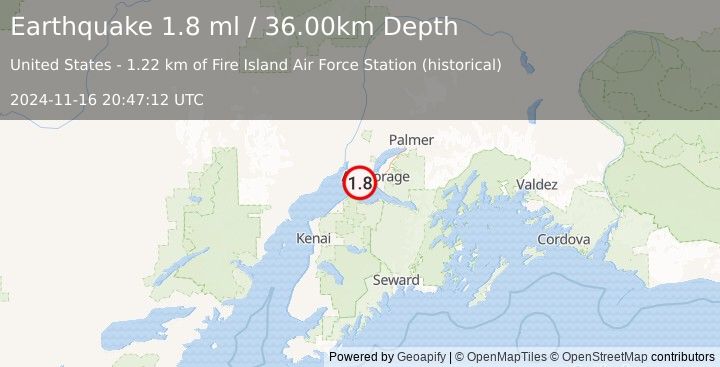 Earthquake 20 km WSW of Anchorage, Alaska (1.8 ml) (2024-11-16 20:47:12 UTC)