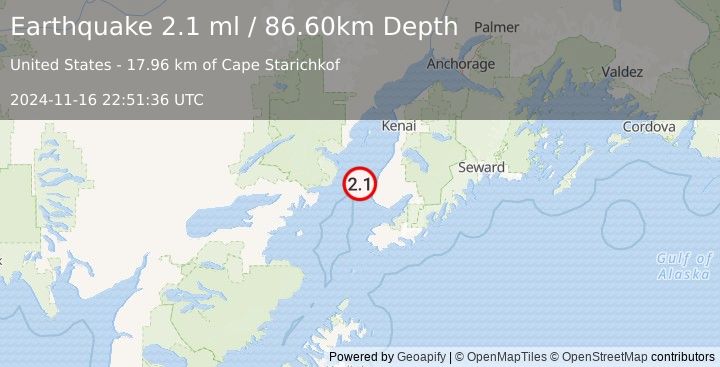 Earthquake 21 km W of Happy Valley, Alaska (2.1 ml) (2024-11-16 22:51:36 UTC)