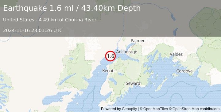 Earthquake 4 km E of Tyonek, Alaska (1.6 ml) (2024-11-16 23:01:26 UTC)