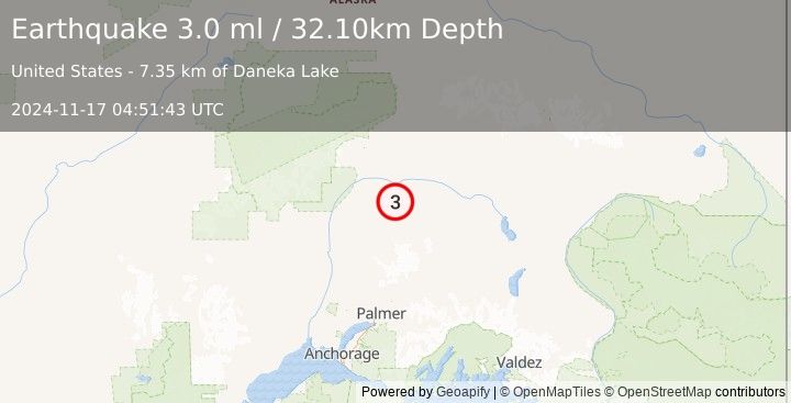 Earthquake 69 km ENE of Chase, Alaska (3.0 ml) (2024-11-17 04:51:43 UTC)