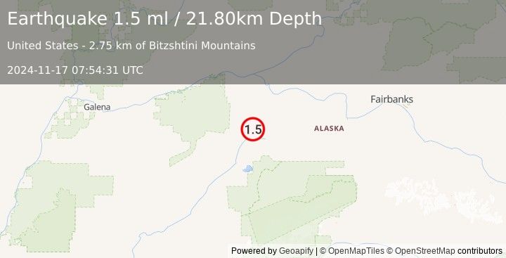 Earthquake 62 km NNE of Lake Minchumina, Alaska (1.5 ml) (2024-11-17 07:54:31 UTC)