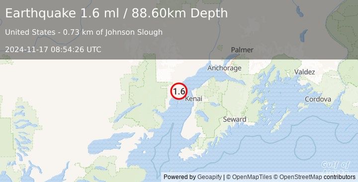 Earthquake 33 km W of Nikiski, Alaska (1.6 ml) (2024-11-17 08:54:26 UTC)