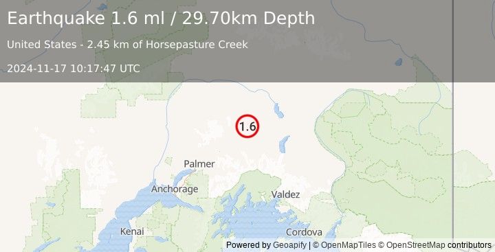 Earthquake 32 km NW of Eureka Roadhouse, Alaska (1.6 ml) (2024-11-17 10:17:47 UTC)