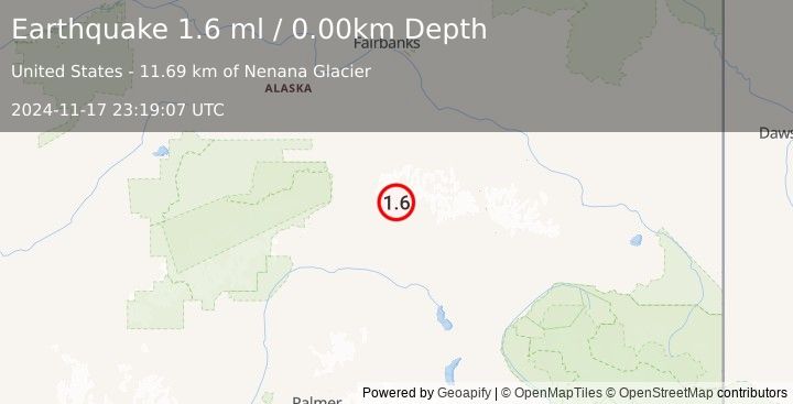 Earthquake 71 km E of Cantwell, Alaska (1.6 ml) (2024-11-17 23:19:07 UTC)