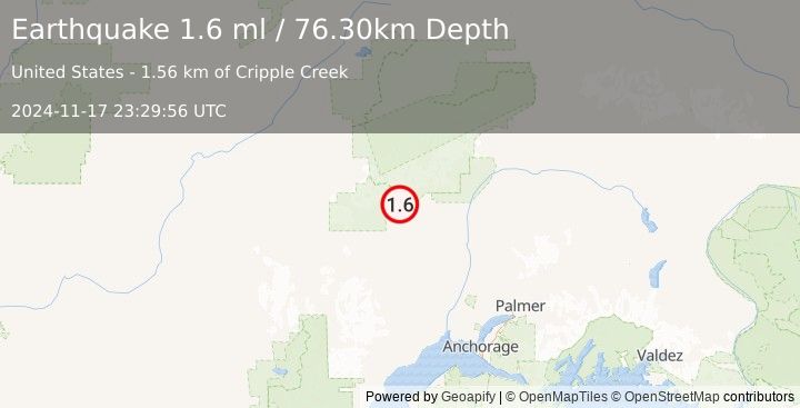 Earthquake 37 km W of Petersville, Alaska (1.6 ml) (2024-11-17 23:29:56 UTC)