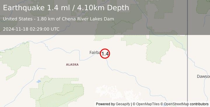 Earthquake 8 km NE of North Pole, Alaska (1.4 ml) (2024-11-18 02:29:00 UTC)