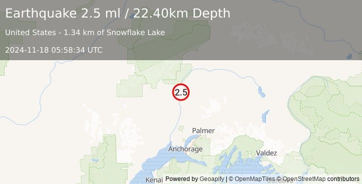 Earthquake 6 km S of Chase, Alaska (2.5 ml) (2024-11-18 05:58:34 UTC)