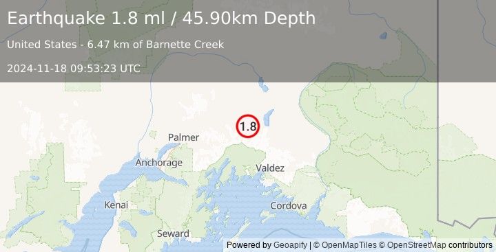 Earthquake 19 km SSE of Eureka Roadhouse, Alaska (1.8 ml) (2024-11-18 09:53:23 UTC)