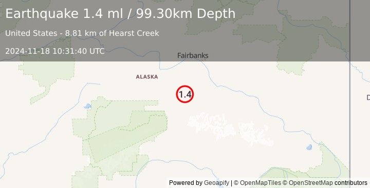 Earthquake 53 km ENE of Ferry, Alaska (1.4 ml) (2024-11-18 10:31:40 UTC)