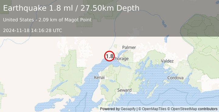 Earthquake 27 km S of Susitna, Alaska (1.8 ml) (2024-11-18 14:16:28 UTC)