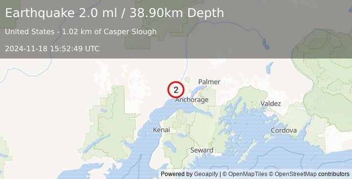 Earthquake 13 km SSW of Susitna, Alaska (2.0 ml) (2024-11-18 15:52:49 UTC)