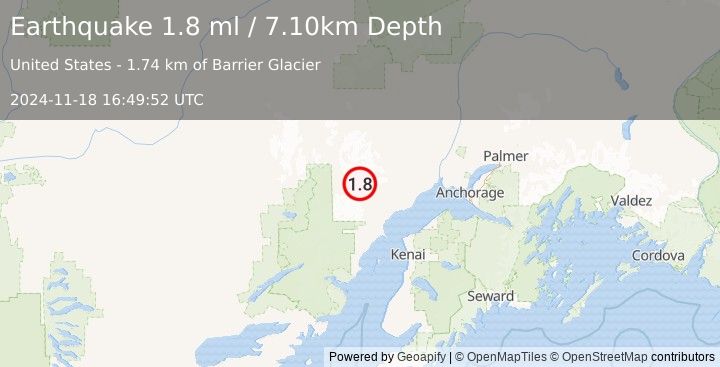 Earthquake 68 km WNW of Beluga, Alaska (1.8 ml) (2024-11-18 16:49:52 UTC)