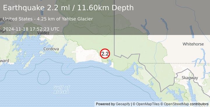 Earthquake 136 km SSE of McCarthy, Alaska (2.2 ml) (2024-11-18 17:52:23 UTC)