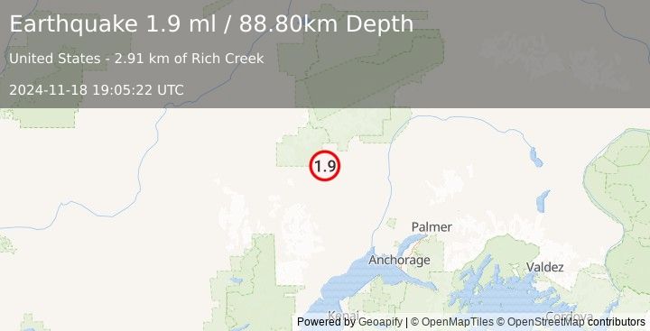 Earthquake 38 km NNW of Skwentna, Alaska (1.9 ml) (2024-11-18 19:05:22 UTC)