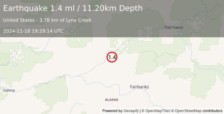 Earthquake 33 km NE of Rampart, Alaska (1.4 ml) (2024-11-18 19:29:14 UTC)