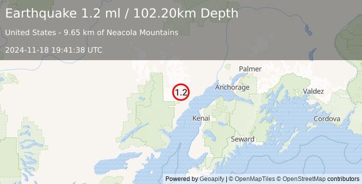 Earthquake 54 km W of Tyonek, Alaska (1.2 ml) (2024-11-18 19:41:38 UTC)