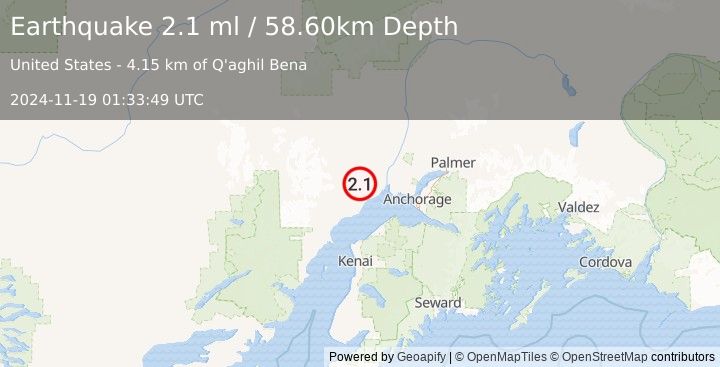 Earthquake 26 km N of Beluga, Alaska (2.1 ml) (2024-11-19 01:33:49 UTC)