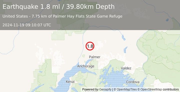 Earthquake 21 km SE of Susitna North, Alaska (1.8 ml) (2024-11-19 09:10:07 UTC)