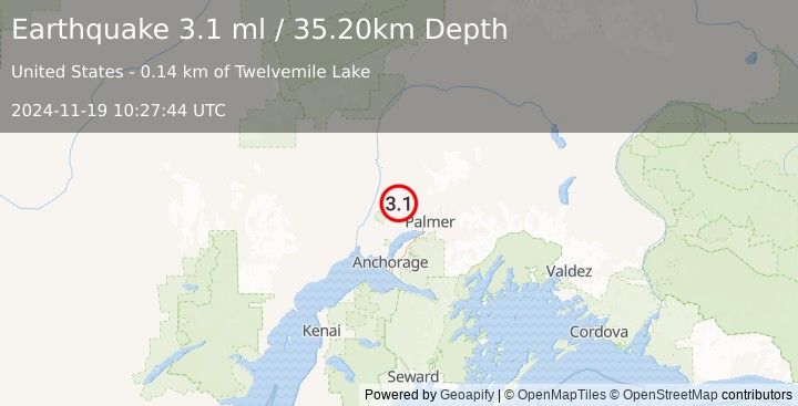 Earthquake 16 km NNE of Houston, Alaska (3.1 ml) (2024-11-19 10:27:44 UTC)