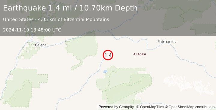 Earthquake 61 km NNE of Lake Minchumina, Alaska (1.4 ml) (2024-11-19 13:48:00 UTC)