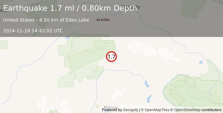 Earthquake 13 km SSW of Cantwell, Alaska (1.7 ml) (2024-11-19 14:42:02 UTC)