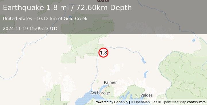 Earthquake 34 km NE of Chase, Alaska (1.8 ml) (2024-11-19 15:09:23 UTC)