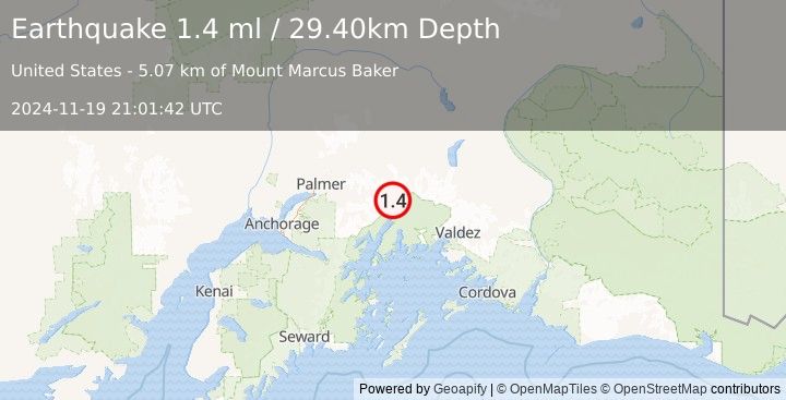 Earthquake 40 km S of Glacier View, Alaska (1.4 ml) (2024-11-19 21:01:42 UTC)