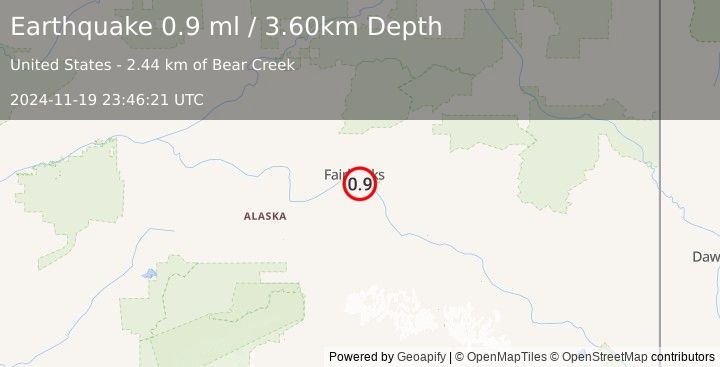 Earthquake 6 km SSW of Badger, Alaska (0.9 ml) (2024-11-19 23:46:21 UTC)