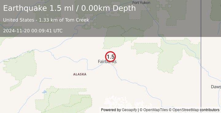 Earthquake 7 km ENE of Fox, Alaska (1.5 ml) (2024-11-20 00:09:41 UTC)