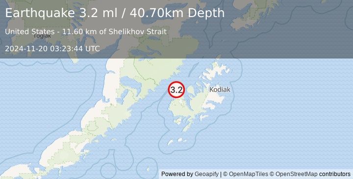 Earthquake 25 km NNE of Karluk, Alaska (3.2 ml) (2024-11-20 03:23:44 UTC)