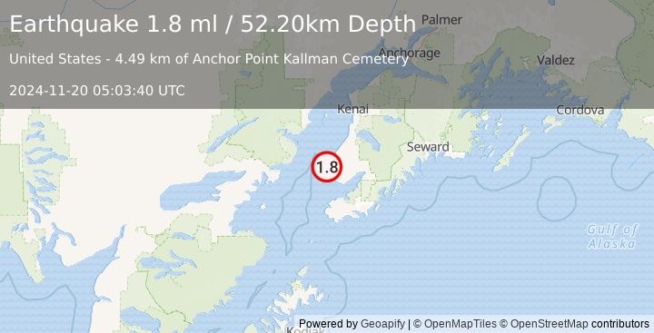 Earthquake 9 km NNW of Anchor Point, Alaska (1.8 ml) (2024-11-20 05:03:40 UTC)