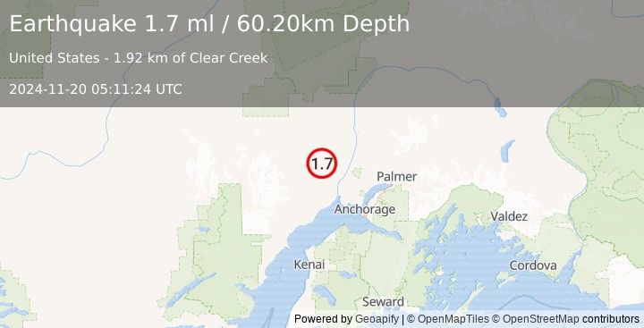 Earthquake 31 km NW of Susitna, Alaska (1.7 ml) (2024-11-20 05:11:24 UTC)