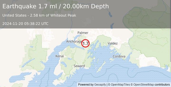 Earthquake 25 km NE of Girdwood, Alaska (1.7 ml) (2024-11-20 05:38:22 UTC)