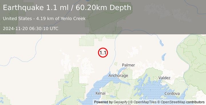 Earthquake 18 km ENE of Skwentna, Alaska (1.1 ml) (2024-11-20 06:30:10 UTC)