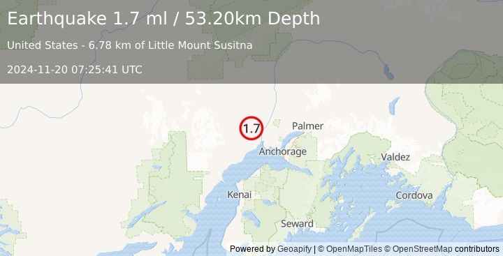 Earthquake 19 km W of Susitna, Alaska (1.7 ml) (2024-11-20 07:25:41 UTC)