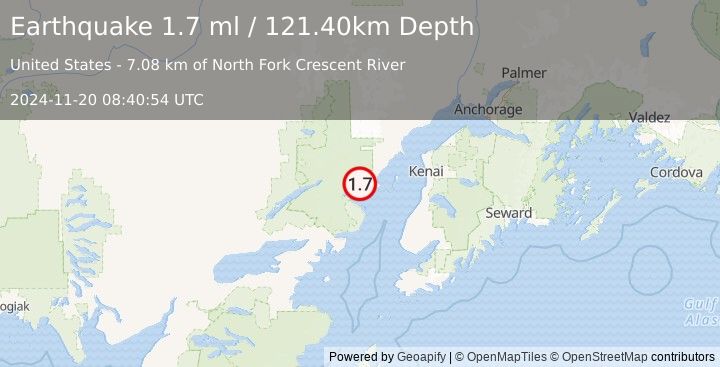 Earthquake 70 km NW of Ninilchik, Alaska (1.7 ml) (2024-11-20 08:40:54 UTC)