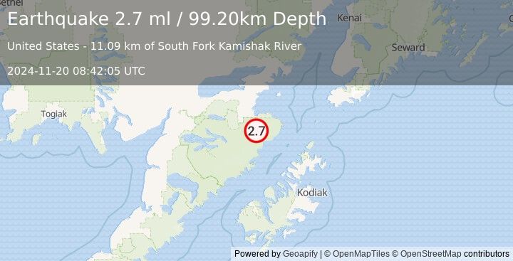 Earthquake 81 km SSE of Kokhanok, Alaska (2.7 ml) (2024-11-20 08:42:05 UTC)