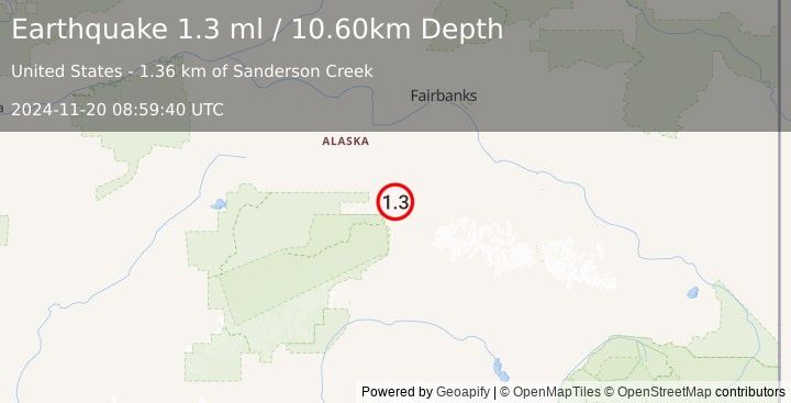 Earthquake 15 km ENE of Healy, Alaska (1.3 ml) (2024-11-20 08:59:40 UTC)