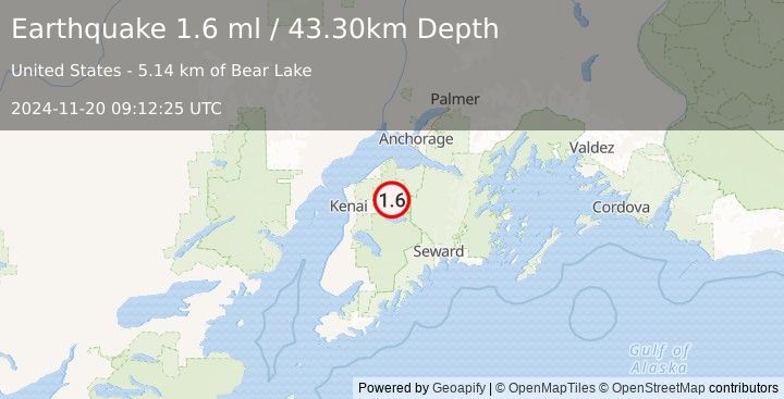 Earthquake 22 km ENE of Sterling, Alaska (1.6 ml) (2024-11-20 09:12:25 UTC)