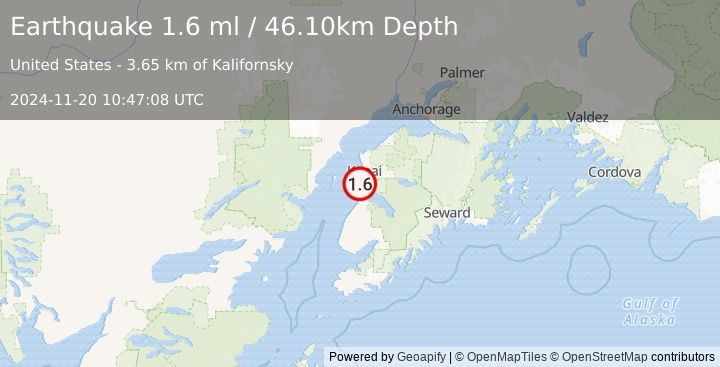 Earthquake 3 km W of Kalifornsky, Alaska (1.6 ml) (2024-11-20 10:47:08 UTC)