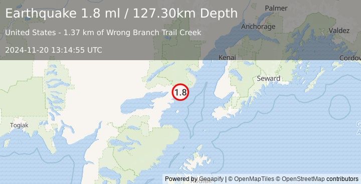 Earthquake 45 km E of Pedro Bay, Alaska (1.8 ml) (2024-11-20 13:14:55 UTC)