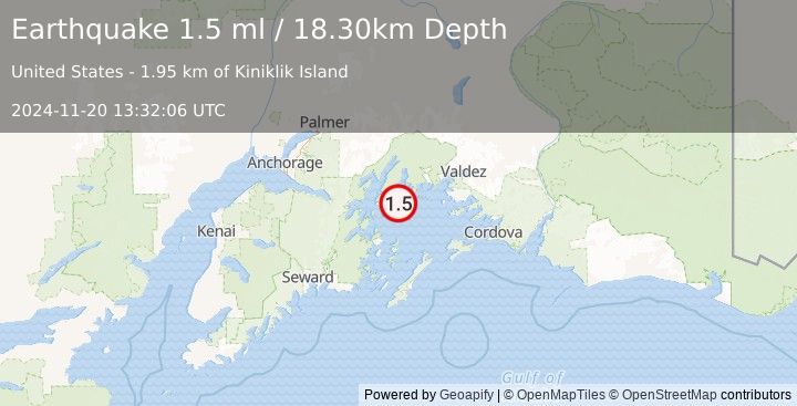 Earthquake 52 km W of Tatitlek, Alaska (1.5 ml) (2024-11-20 13:32:06 UTC)