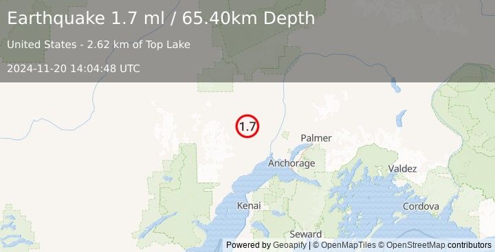 Earthquake 24 km SSE of Skwentna, Alaska (1.7 ml) (2024-11-20 14:04:48 UTC)