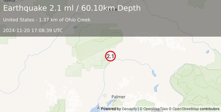 Earthquake 60 km SW of Cantwell, Alaska (2.1 ml) (2024-11-20 17:08:39 UTC)