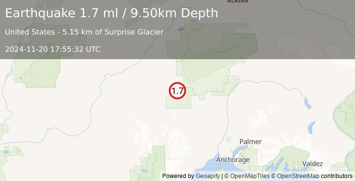 Earthquake 84 km WNW of Petersville, Alaska (1.7 ml) (2024-11-20 17:55:32 UTC)