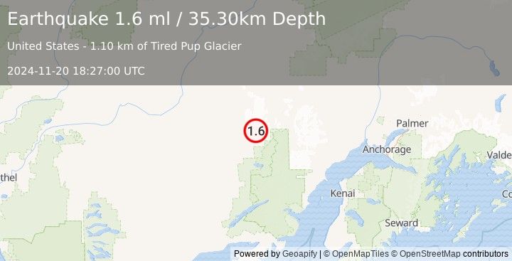 Earthquake 81 km E of Lime Village, Alaska (1.6 ml) (2024-11-20 18:27:00 UTC)