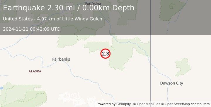 Earthquake 64 km SSE of Central, Alaska (2.3 ml) (2024-11-21 00:42:09 UTC)