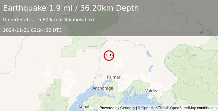 Earthquake 28 km NE of Susitna North, Alaska (1.9 ml) (2024-11-21 02:24:32 UTC)